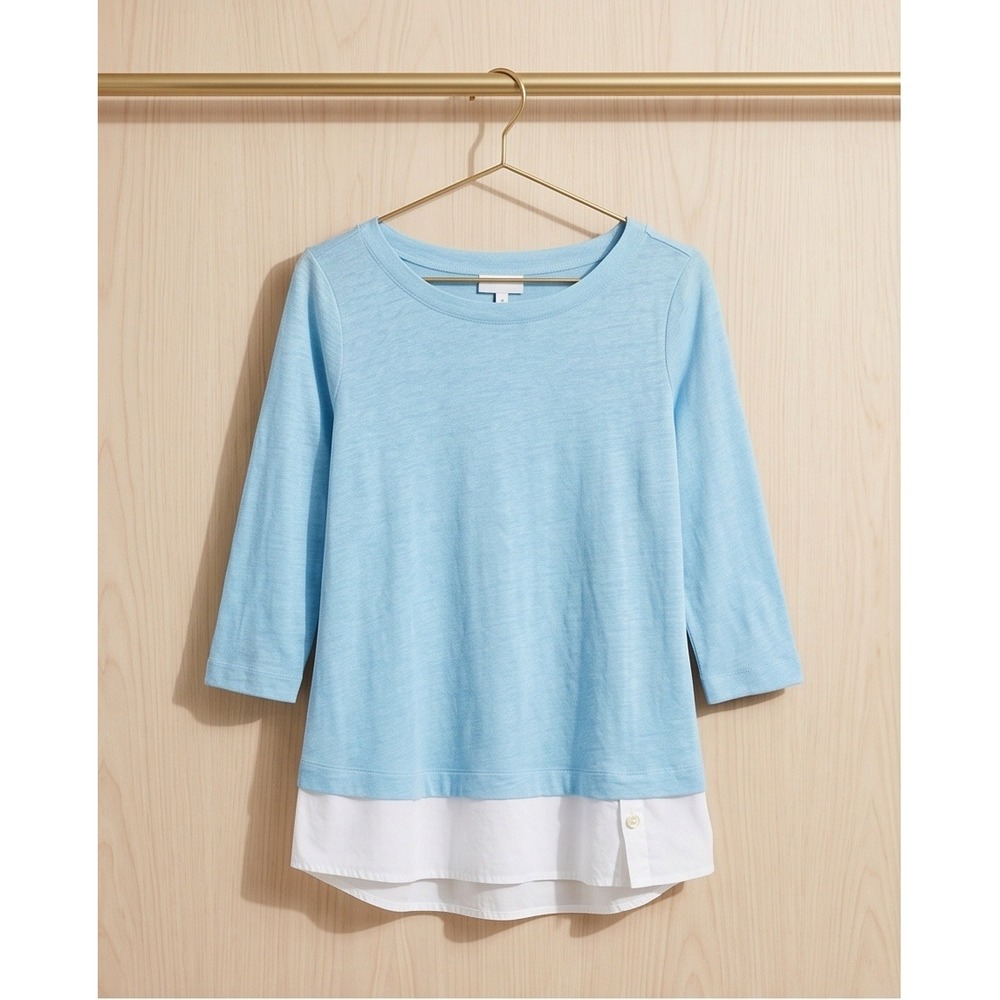 J Jill Love Linen M Mixed Media Layered Look Knit Top Sky Blue White Medium
